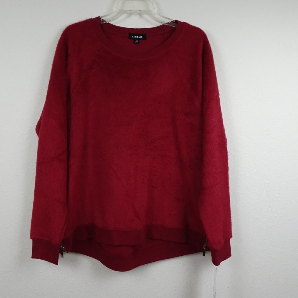 Kinesis Fuzzy Sweatshirt Top Women's Size L Red Burgundy Side Zippers Soft